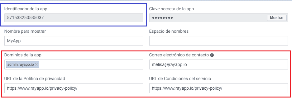 Completa los datos para crear la app en Facebook