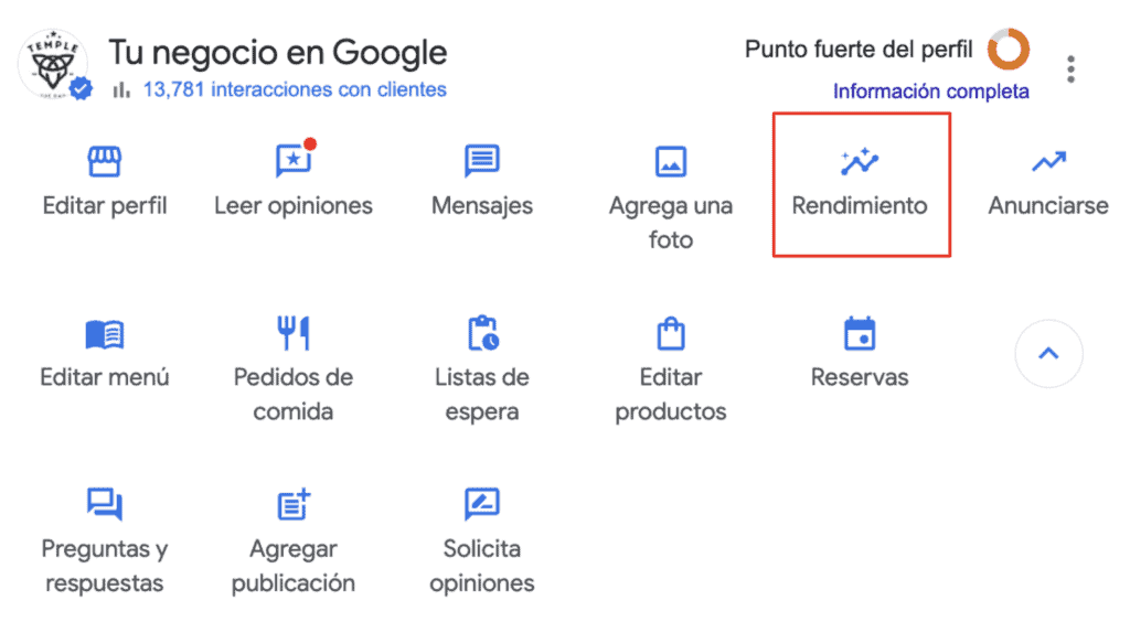 Como encontrar la opción de Rendimiento en Google My Business