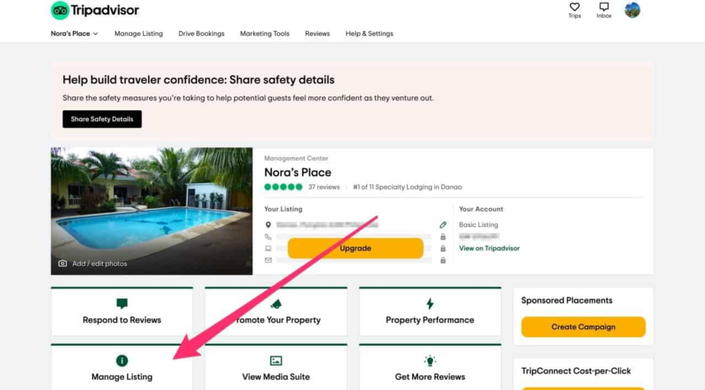 Ejemplo de perfil de negocio en Trip Advisor