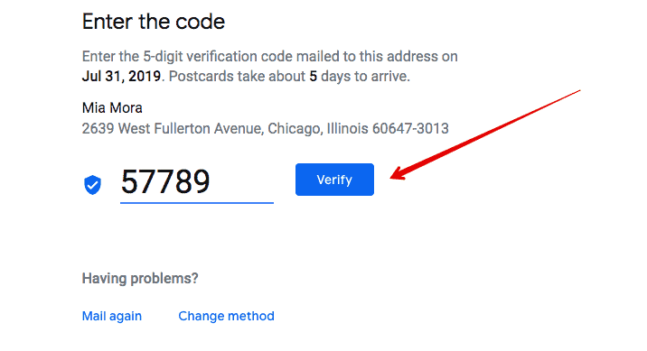 Google My Business enter the code