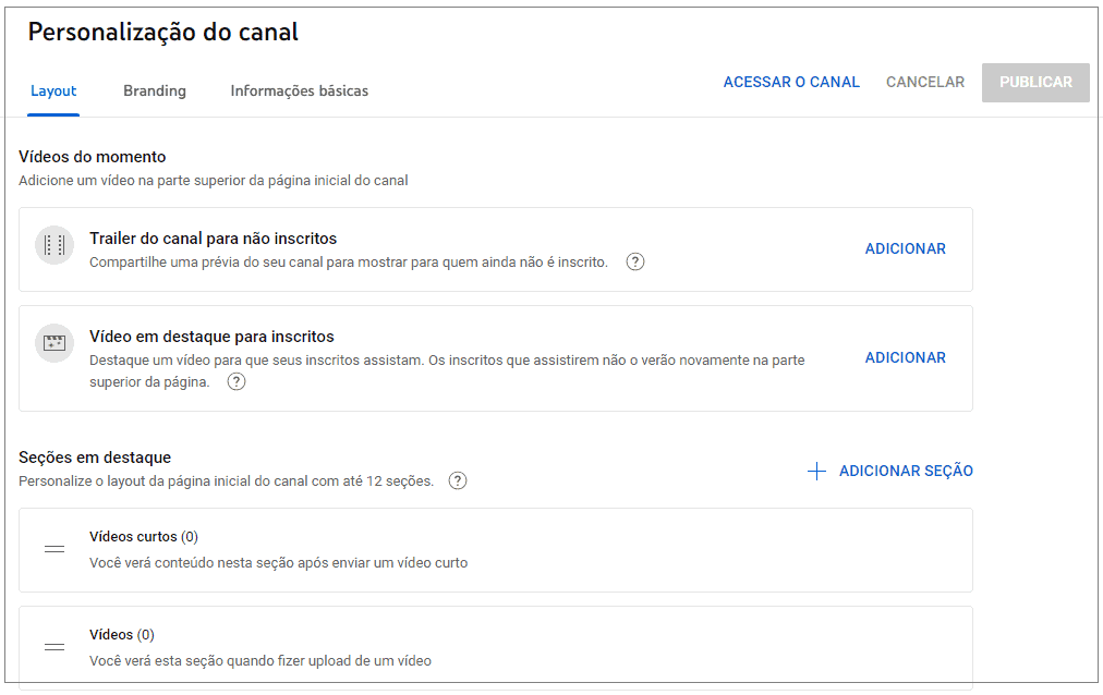 Como criar um canal no Youtube - Personalizar layout