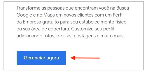 Google meu negócio: clique em Gerenciar Agora