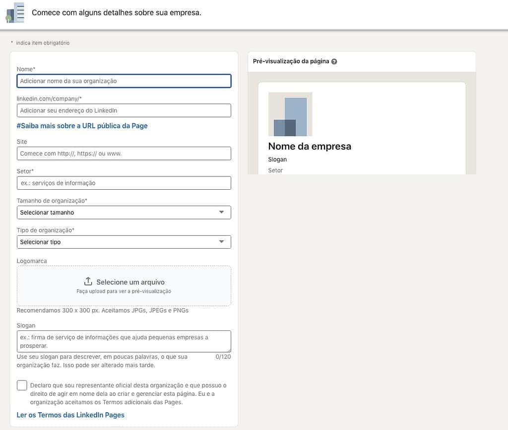 criar conta linkedin: adicionar informações sobre a empresa