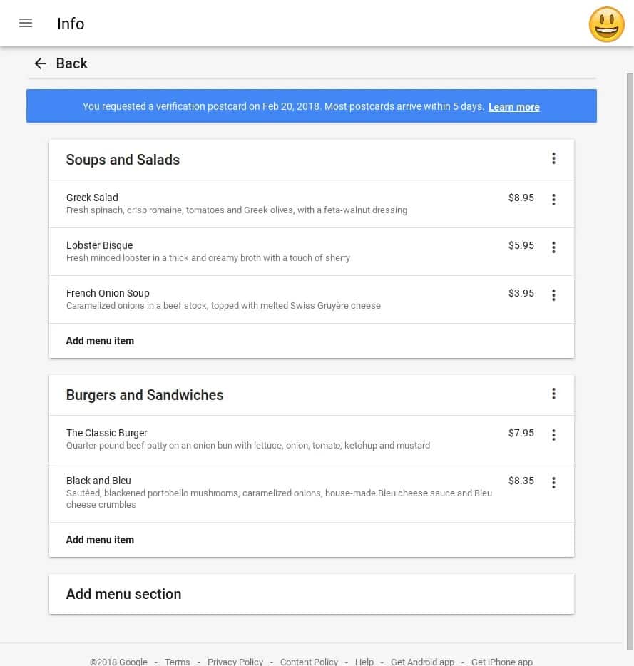 Paso 3: Editar menú de restaurante en Google My Business.